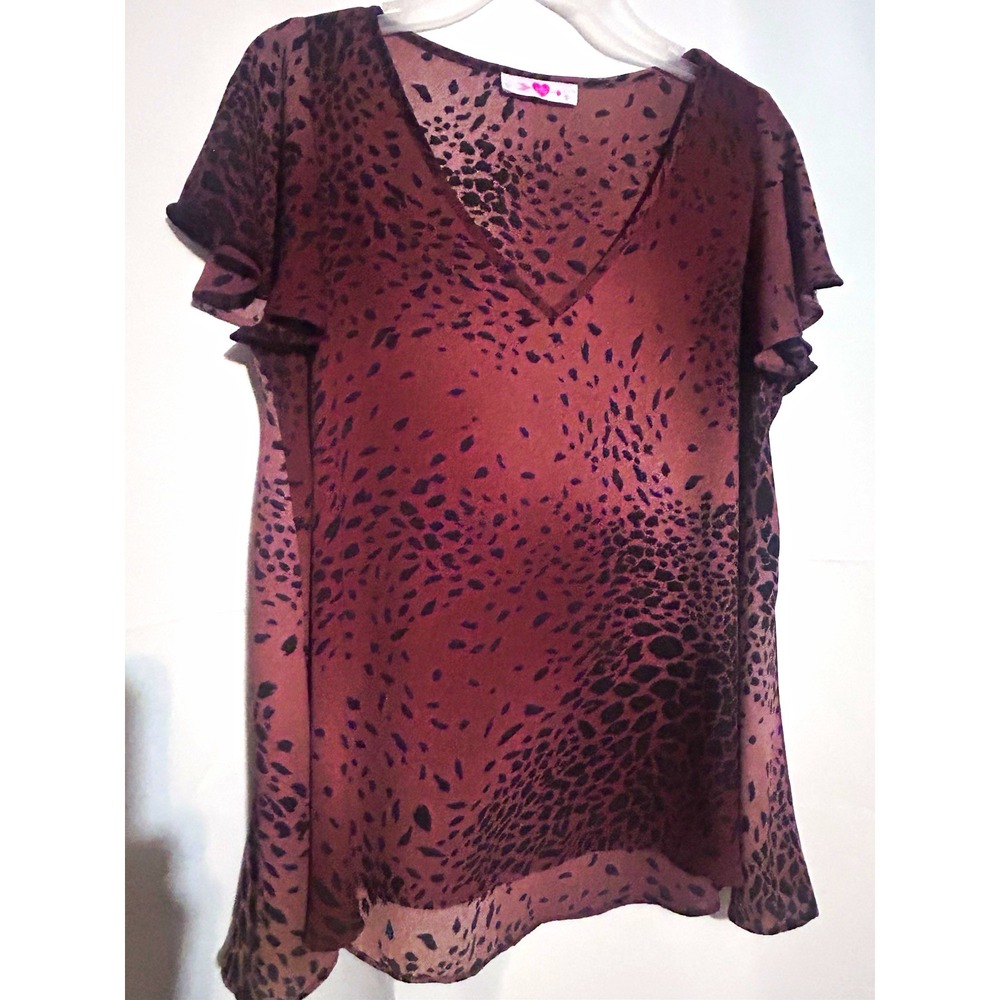 Buddy Love Brown/Black Animal Print Chiffon V-Neck Flutter Sleeve Blouse S
